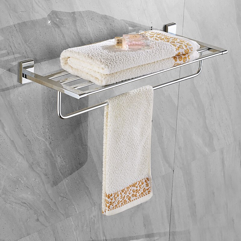 Multifunction Towel Rail Rack Holder Foldable Modern Solid Brass Bathroom Shelf with Hooks Wall Mounted Silvery4
