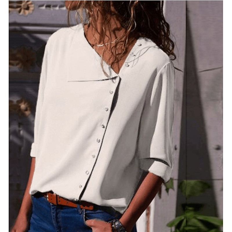 Women's Shirt Blouse Plain Streetwear Basic Long Sleeve Shirt Collar Regular Tops Weekend Easter Buttons Black White Yellow Pink Navy Blue Spring Fall3