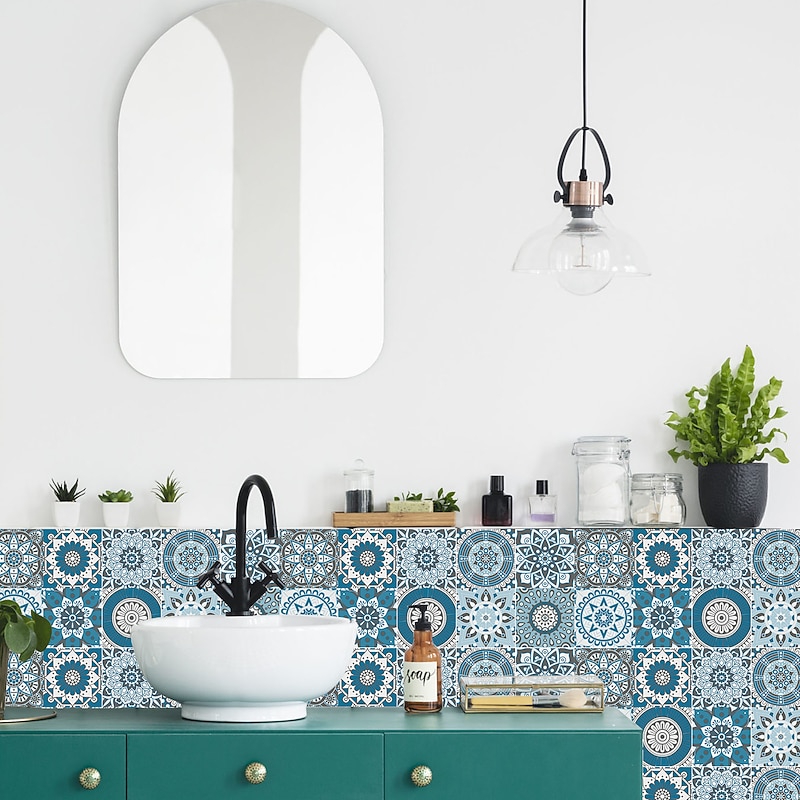 24pcs Creative Kitchen Bathroom Living Room Self-adhesive Wall Stickers Waterproof Fashion Blue Mandala Tile Stickers3