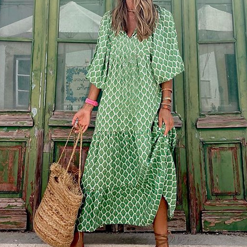 Women's Long Dress Boho Chic Dress Green 3/4 Length Sleeve Geometric Patchwork Fall Autumn V Neck