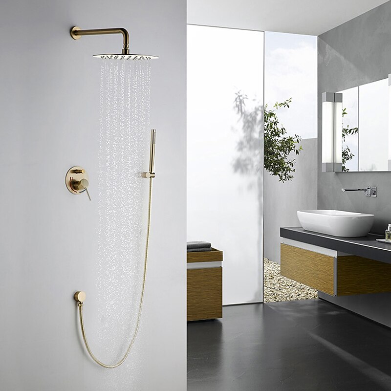 Round Golden Shower System Faucet Set Rainfall Shower Head 8 inch,  Rough In Valve and Trim Kit Combo Kit, High Pressure Heldhead Wall Mounted for Bath Bathroom4