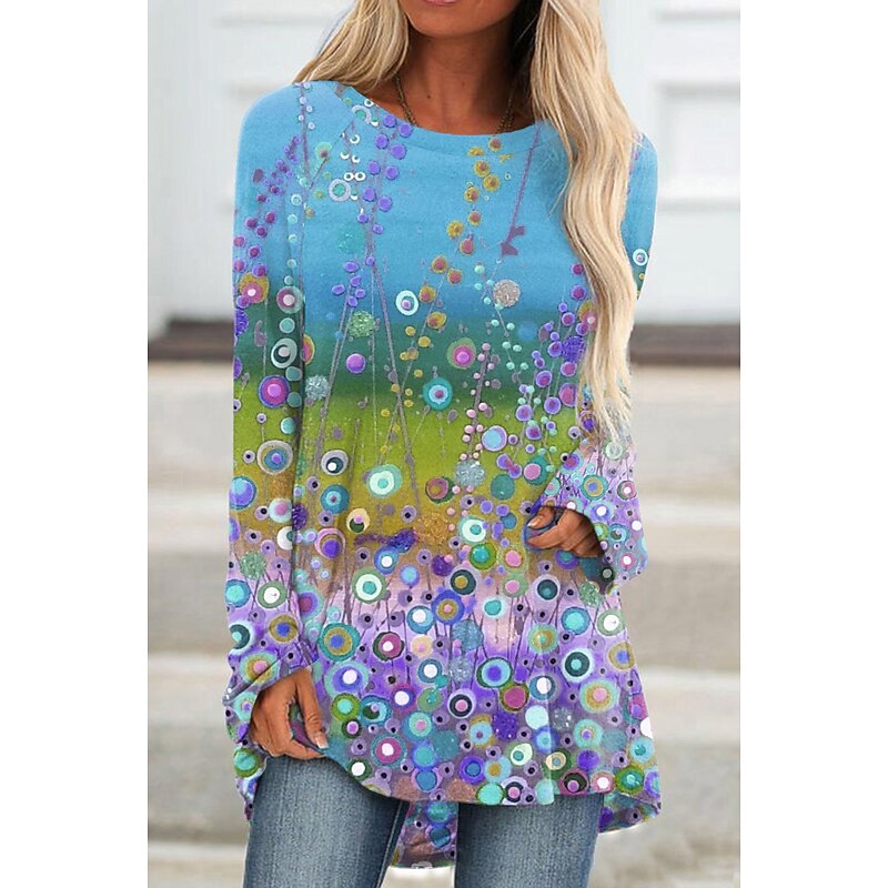 Women's Plus Size T Shirt Tunic Shirts Floral Graphic 3D Tunic Basic Neon & Bright Long Sleeve Round Neck Long Tops Daily Weekend Print Pink Blue Purple Fall & Winter2