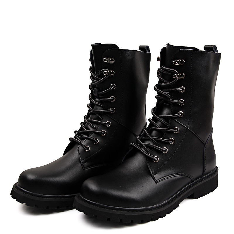 Men's Black Leather Combat Boots with Foldable Collar - Rugged Lace-Up Military Style Ankle Boots for Outdoor Wear3