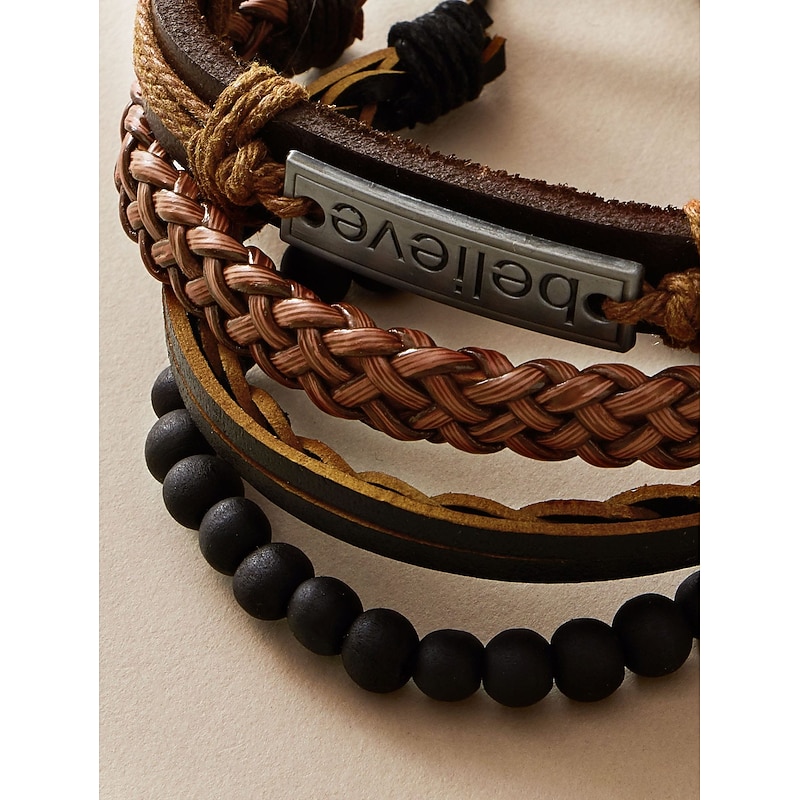 4PCS Leather Bracelet Set Braided Birthday Statement Elegant Fashion Holiday Leather Bracelet Jewelry Brown For Anniversary Gift Date Birthday Festival4