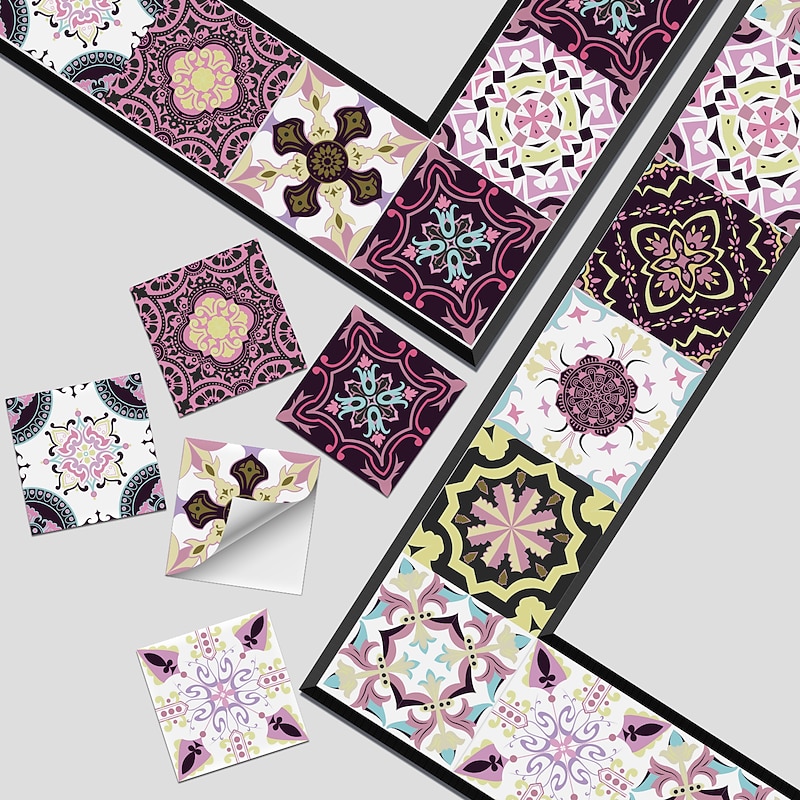 24pcs Creative Kitchen Bathroom Living Room Self-adhesive Wall Stickers Waterproof Mediterranean Fuchsia Tile Stickers4