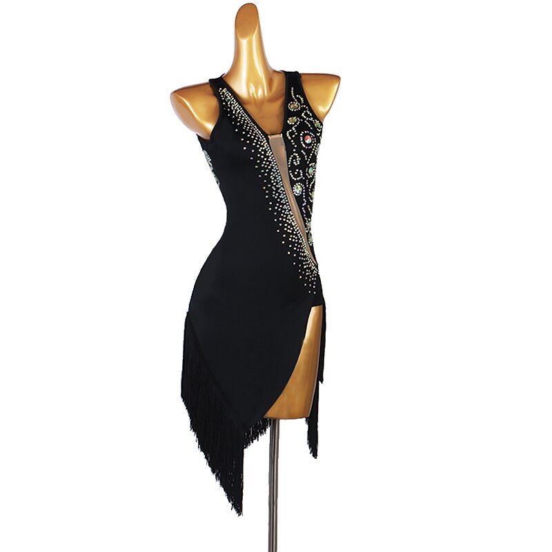 Dance Salsa Latin Dance Dress Fringed Tassel Crystals / Rhinestones Women's Performance Training Sleeveless Chinlon4