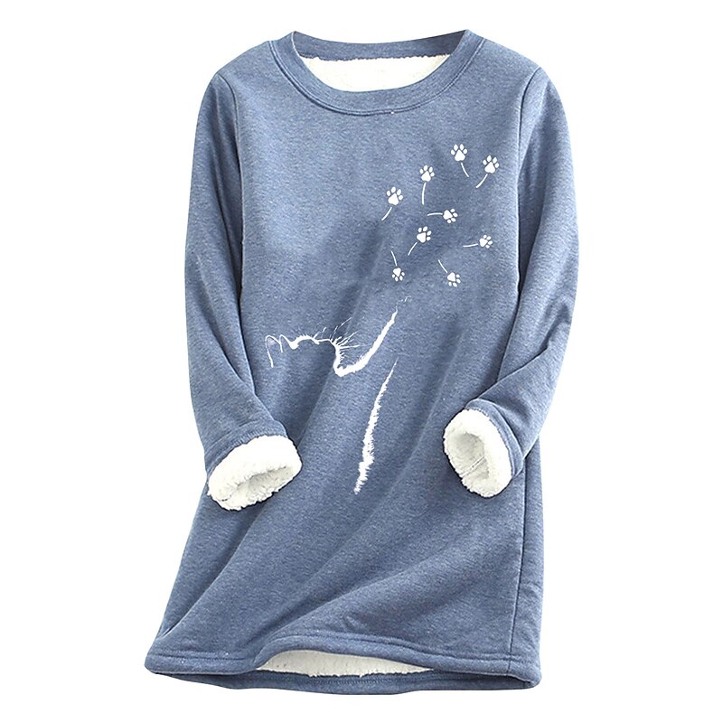 Women's Plus Size Fleece Lined Pullover Sweatshirt Pajamas Pullover Sweatshirt Fleece Shirts Cat Warm Active Pullover Long Sleeve Round Neck Crewneck Regular Tops Street Casual Black Yellow Pink Red2