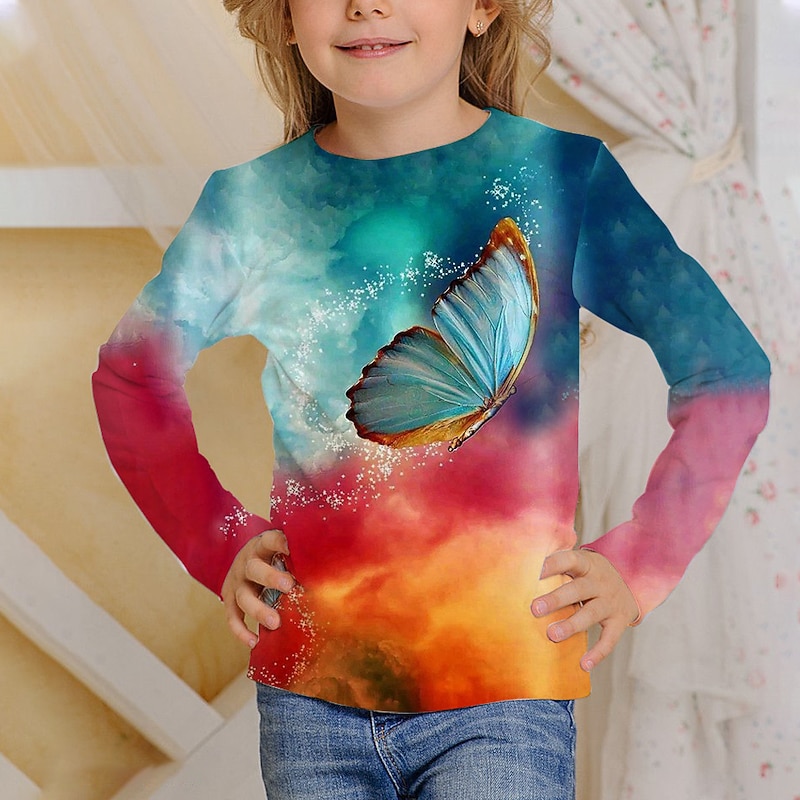 Girls' 3D Rainbow Butterfly T shirt Long Sleeve 3D Print Fall Active Kids 4-12 Years Regular Fit2