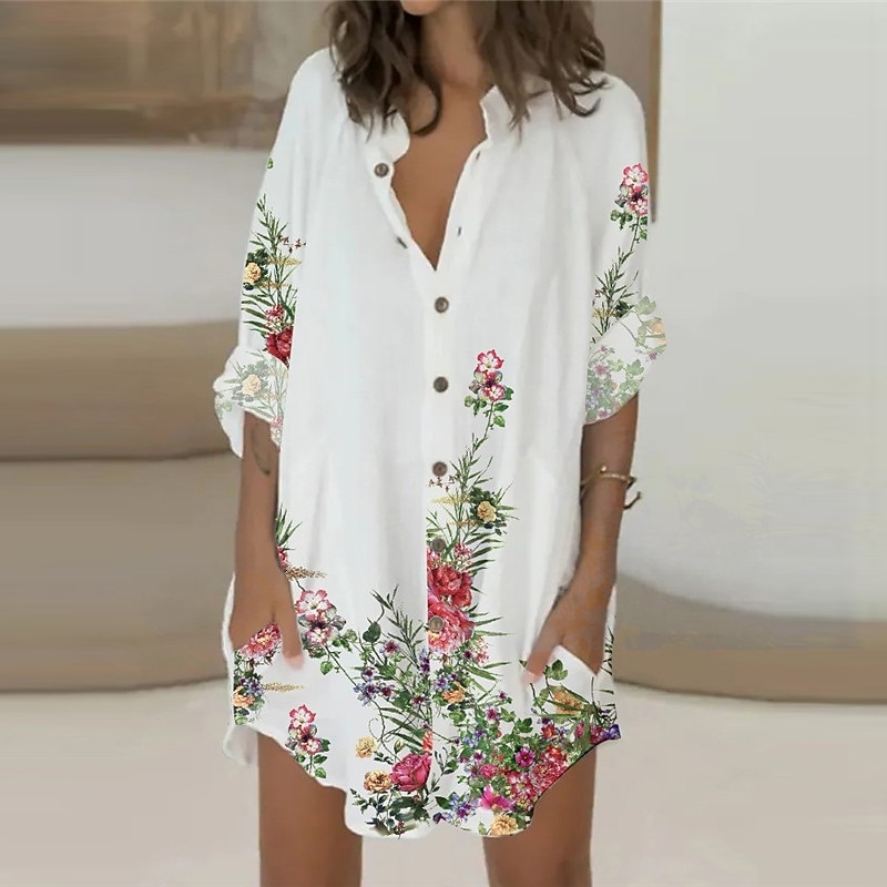 Women's Shirt Dress Casual Dress Mini Dress Winter Dress Daily Holiday Polyester Casual Shirt Collar Button Pocket Long Sleeve Summer Spring Fall 2022 Loose Fit White Pink Blue Leopard Floral4
