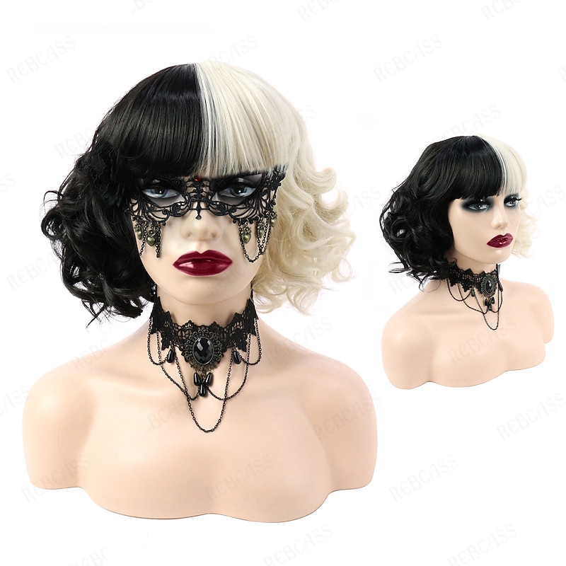 Gothic Wig Rebcass Synthetic Wig Cosplay Cruella Loose Curl Bouncy Curl Bob with Neat Bang Wig Black / Gold Synthetic Hair for Women Heat Resistant Free Cap 14inch Halloween Wigs2