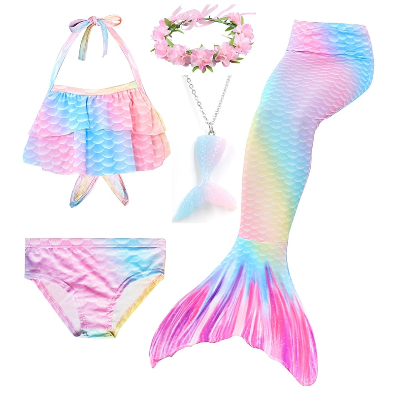 Kids Girls' Five Piece Mermaid Swimwear Swimwear Bikini Swimming Rainbow Cute Sexy Print Bathing Suits 3-10 Years Summer Light Blue Rose Gold