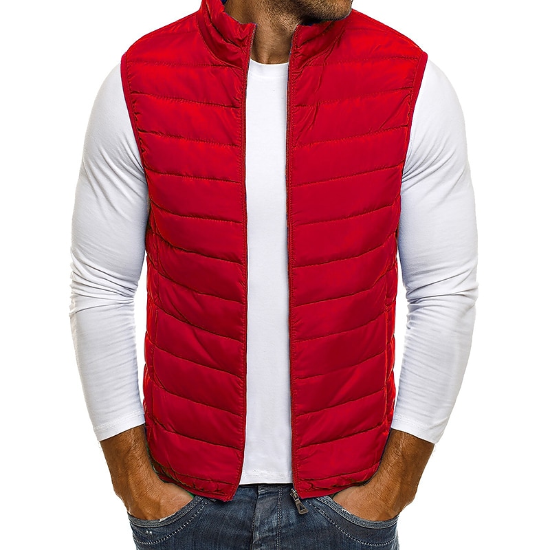 Men's Quilted Vest Cardigan Going out Casual All Seasons Pocket Polyester Plain Zipper Stand Collar Regular Fit Black Red Navy Blue Gray Vest4