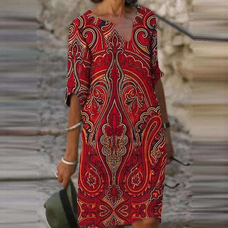 Women's Mini Dress Casual Dress Ethnic Dress T Shirt Dress Tee Dress Shift Dress Casual Winter Dress Vacation Work Loose Fit Floral Geometric Paisley Long Sleeve V Neck Black Red Royal Blue Rainbow