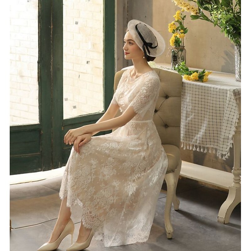 Reception Little White Dress Bridal Shower Dresses Wedding Dresses in Color Wedding Dresses A-Line Illusion Neck Half Sleeve Tea Length Lace Bridal Gowns With Sash / Ribbon Appliques3