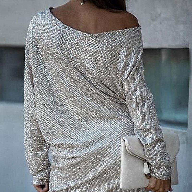 Beach Wedding Sheath Cocktail Dresses Sparkle Dress Carnival Evening Party Knee Length 3/4 Length Sleeve One Shoulder Fall Wedding Guest Sequined with Sequin Pure Color3