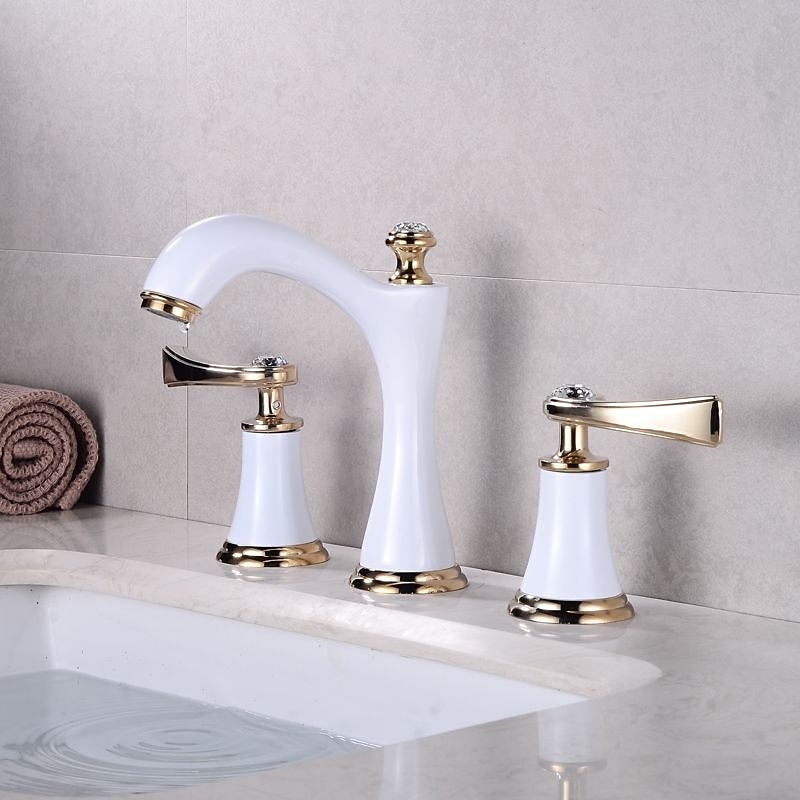 Luxury Widespread Bathroom Sink Mixer Faucet Vintage, 360 Swivel Retro Style Brass 3 Hole 2 Handle Basin Tap Deck Mounted, Washroom Basin Vessel Water Tap with Hot and Cold Hose4