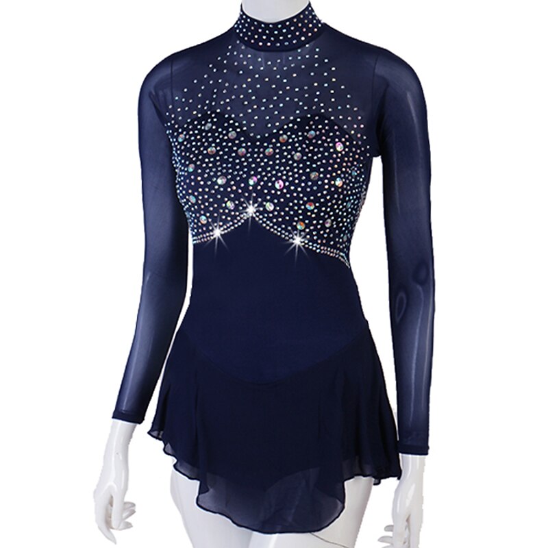 Figure Skating Dress Women's Girls' Ice Skating Dress Outfits Yellow Dark Red Dark Navy Patchwork Mesh Spandex High Elasticity Practice Professional Competition Skating Wear Crystal / Rhinestone3