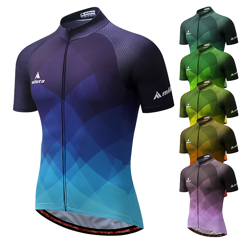 Miloto Men's Short Sleeve Cycling Jersey Summer  Bike Quick Dry Sports Patterned Mountain Bike MTB Road Bike Cycling Clothing Apparel / Stretchy Purple Green Dark Blue Gradient