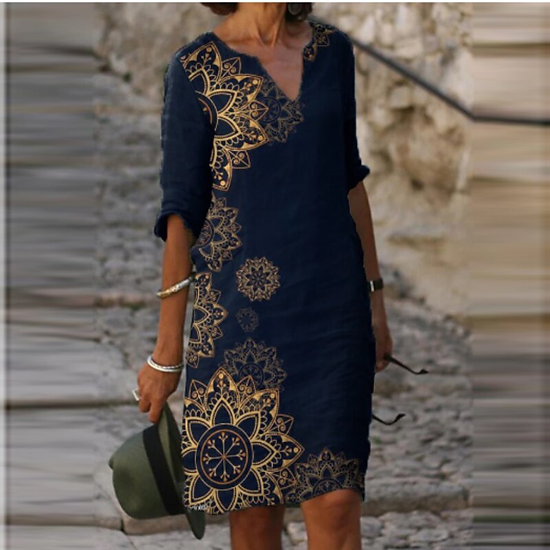 Women's Mini Dress Casual Dress Ethnic Dress T Shirt Dress Tee Dress Shift Dress Casual Winter Dress Vacation Work Loose Fit Floral Geometric Paisley Long Sleeve V Neck Black Red Royal Blue Rainbow2