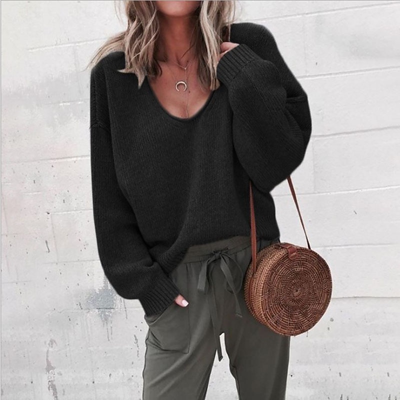 Women's Pullover Sweater Oversized Jumper Knitted Solid Color Stylish Basic Casual Long Sleeve Regular Fit Sweater Cardigans V Neck Fall Winter Black Purple Gray / Holiday2