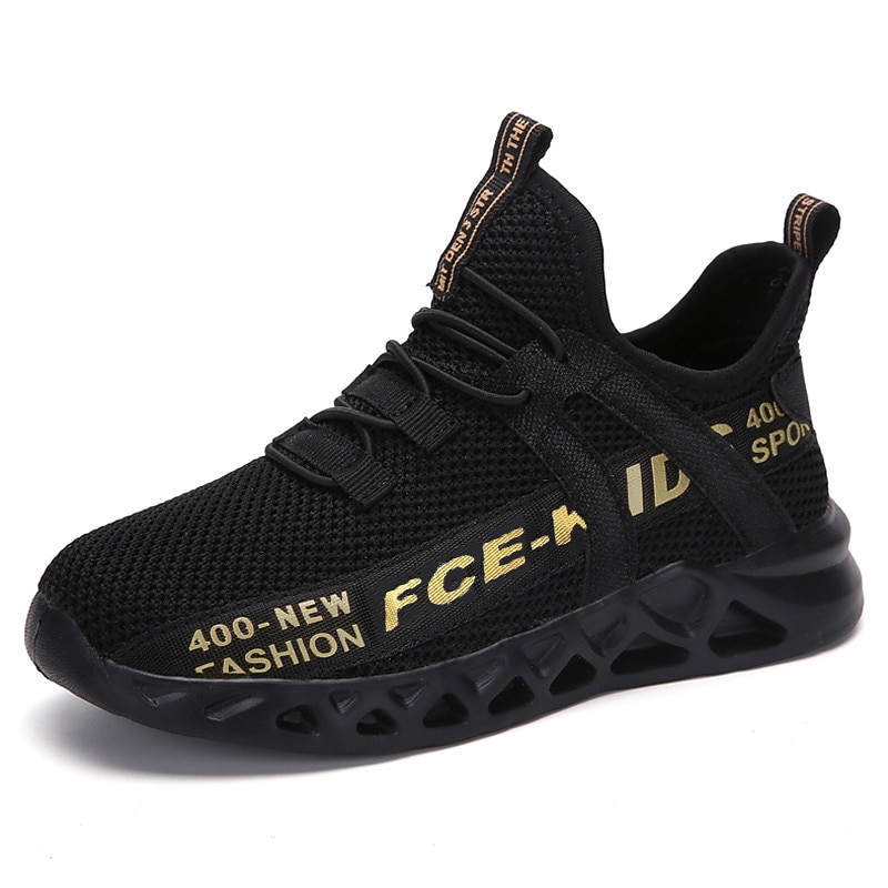Kids' Black Breathable Mesh Running Sneakers with Lace-Up Design and Bold Letter Print - Comfortable Athletic Shoes for Boys2