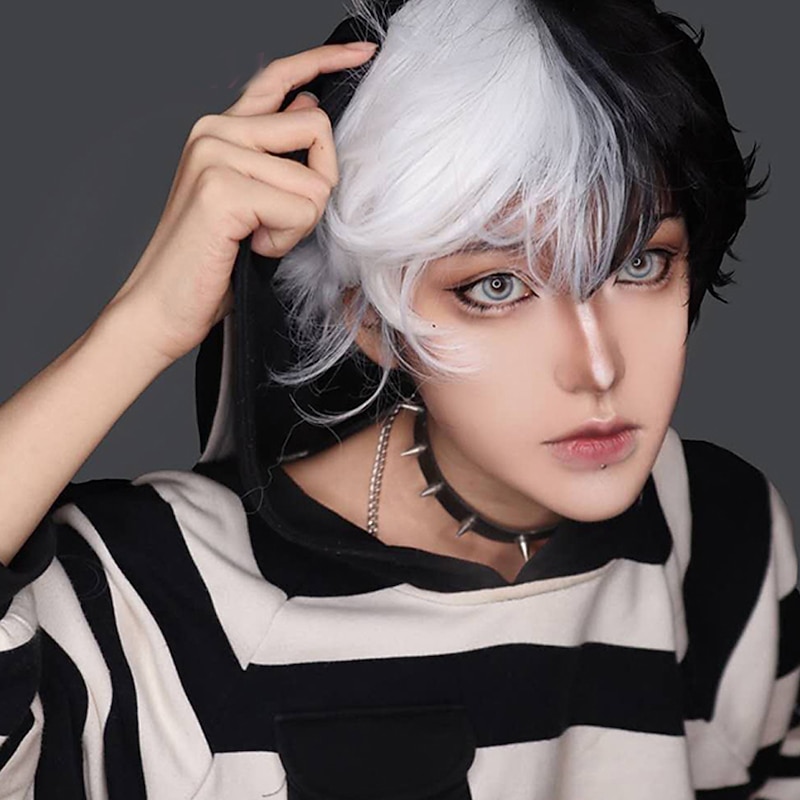 White And Black Wigs For Men Short Wig Black White Split Body Synthetic Wig Belt Bangs Boy Costume Anime Role-Playing Wig Micro Roll Natural Hair3