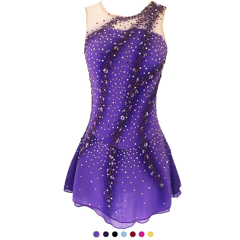 Figure Skating Dress Women's Girls' Ice Skating Dress Outfits Yellow & Yellow Dark Red Dark Navy Open Back Spandex Stretch Yarn High Elasticity Training Practice Competition Skating Wear Handmade2