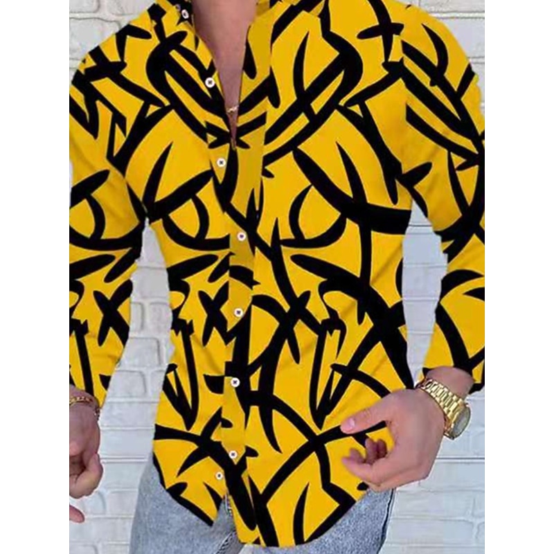Men's Color Block Striped Geometric Pattern Shirt Button Up Shirt Long Sleeve Fashion Designer Simple Casual Daily Going out Fall Winter Button Down Collar Patchwork Print Button-Down White Yellow4