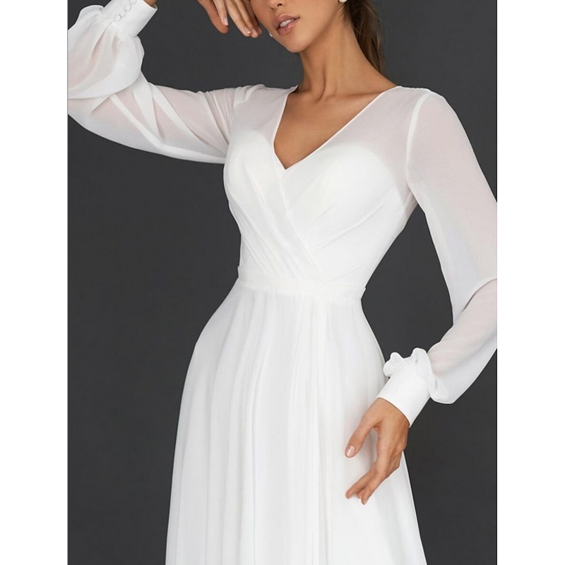 Reception Little White Dress Bridal Shower Dresses Wedding Dresses A-Line V Neck Long Sleeve Tea Length Chiffon Bridal Gowns With Pleats2