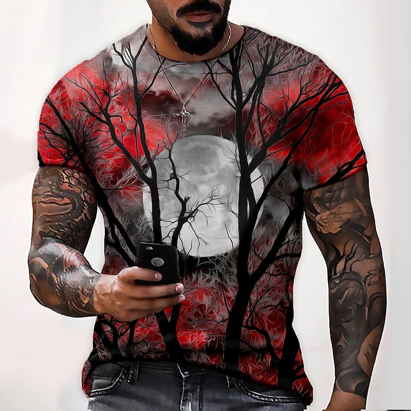 Men's Unisex Moon Spooky Moon Graphic Prints Shirt T Shirt Tee Short Sleeve T shirt 3D Print Crew Neck Shirt Designer Casual Big and Tall Halloween Daily Holiday Wine Yellow Red Summer Clothing3