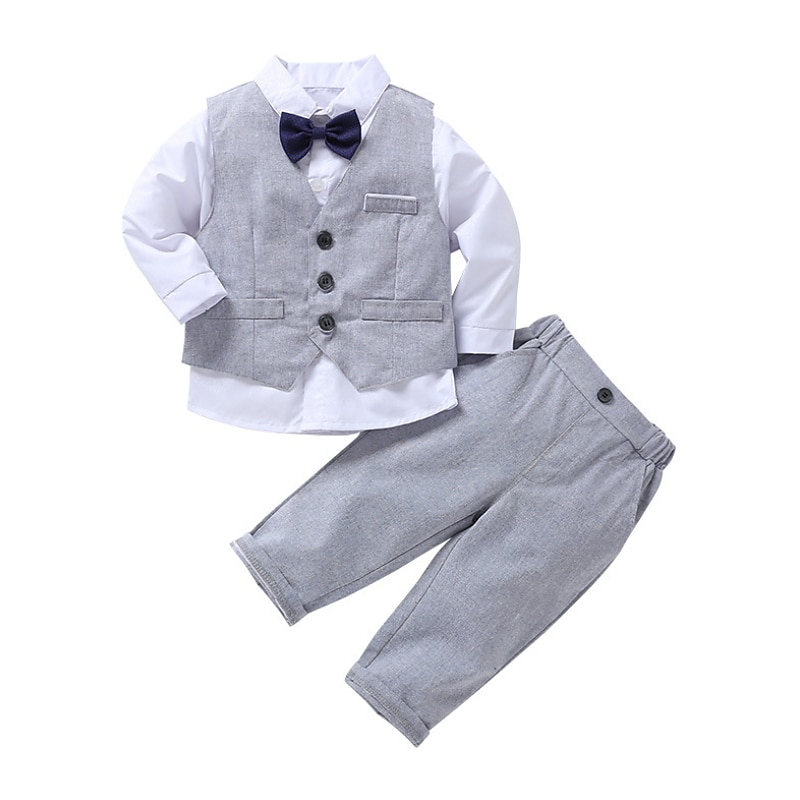 3 Pieces Ring Bearer Suit Boys Kids Toddler Suit Formal Suit Shirt & Pants School Party Date Active Basic Solid Color Bow Gray Cotton