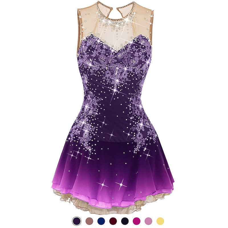 Figure Skating Dress Women's Girls' Ice Skating Dress Dark red White Pink Flower Open Back Mesh Spandex Practice Competition Skating Wear Jeweled Rhinestone Sleeveless Ice Skating Figure Skating