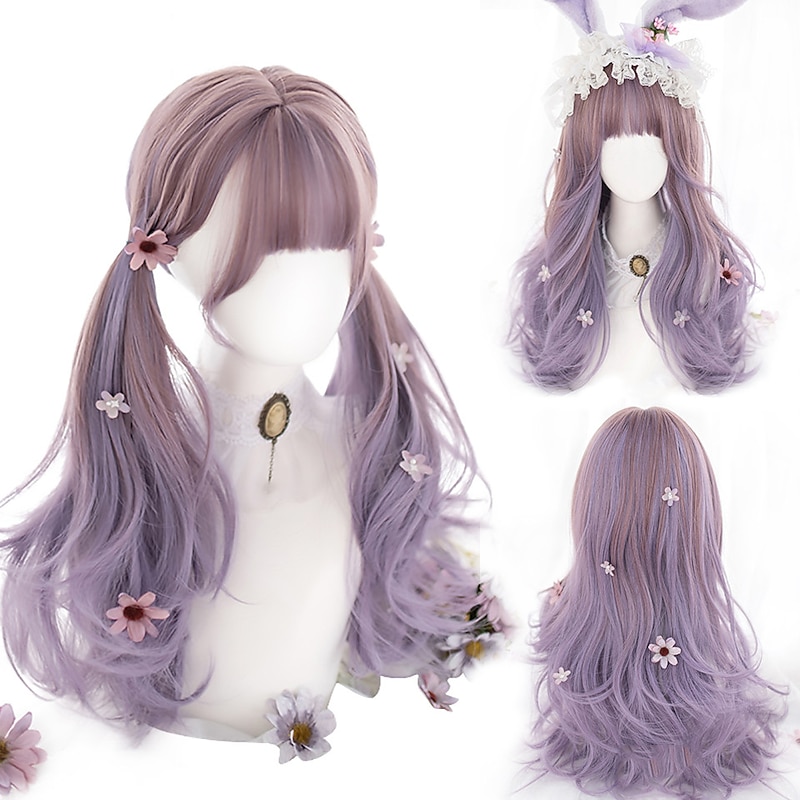 Long Ombre Colorful Synthetic Cosplay Lolita Harajuku Wig With Bangs Natural Wavy Wigs Pink Purple Blue Daily Wigs Halloween Wigs