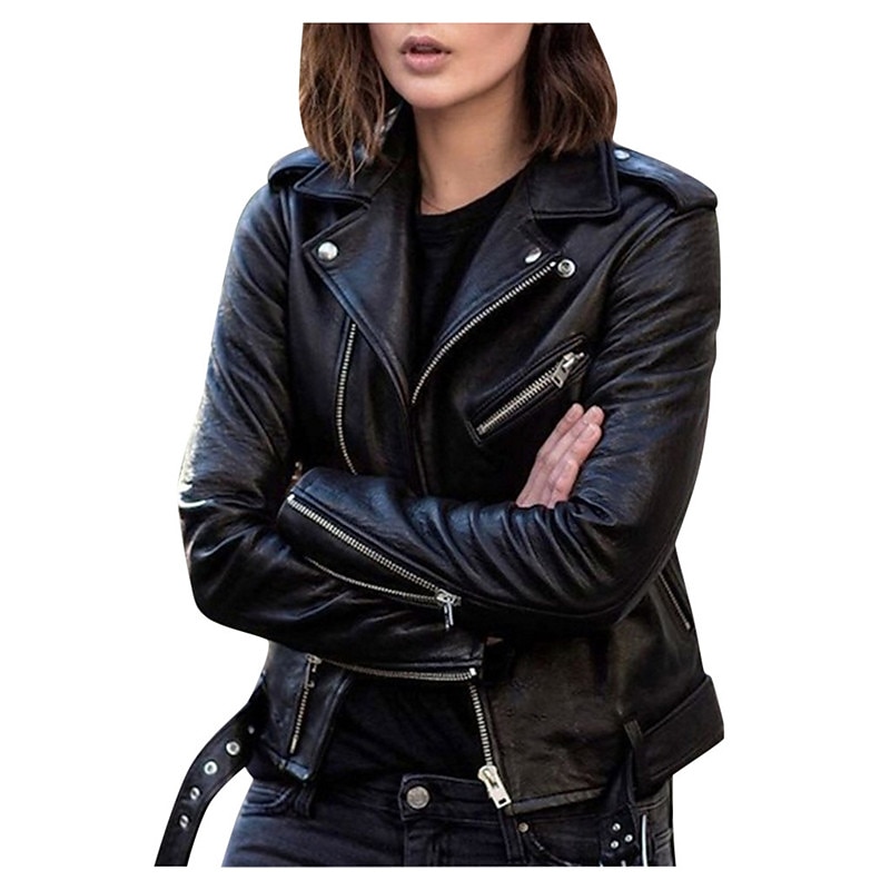 Women's Faux Leather Jacket Jacket Comfortable Pocket Full Zip Casual Solid Color Street Daily Zipper Short Regular Turndown Regular Fit Long Sleeve Outerwear Black Wine Blue Fall Winter