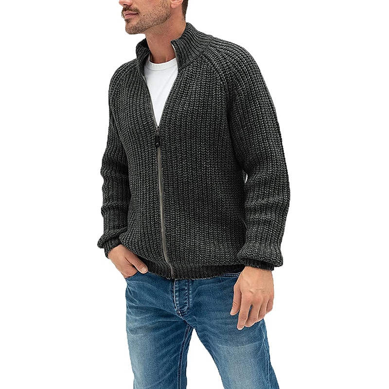Men's Sweater Cardigan Zip Sweater Sweater Jacket Knit Knitted Stand Collar Clothing Apparel Winter Fall Black White M L XL3