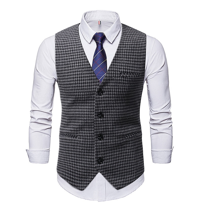 Men's Vest Waistcoat Wedding Daily Streetwear Business Fall Winter Print Polyester Breathable Houndstooth Single Breasted Turndown Regular Fit Black Coffee Vest