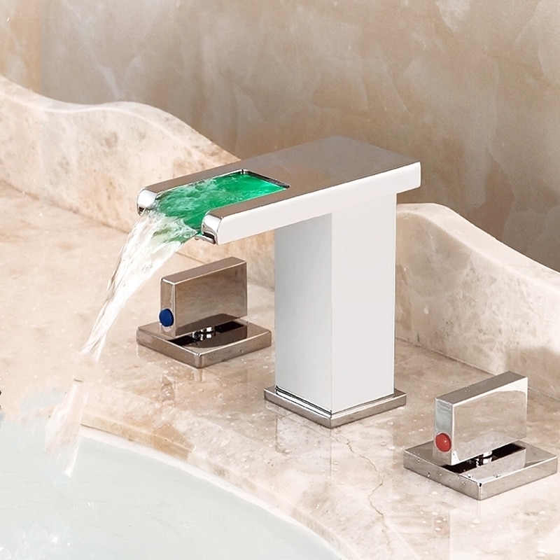 Waterfall Bathroom Sink Mixer Faucet LED Light Deck Mounted Brass, Widespread 2 Handle 3 Hole Washroom Basin Vessel Taps with Hot and Cold Water Hose3