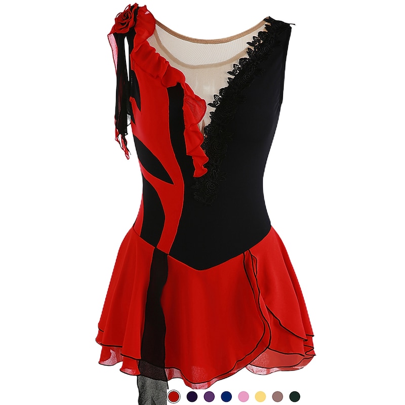 Figure Skating Dress Women's Girls' Ice Skating Dress Outfits Yan pink Violet As Picture Patchwork Asymmetric Hem Mesh Spandex High Elasticity Practice Professional Competition Skating Wear Fashion