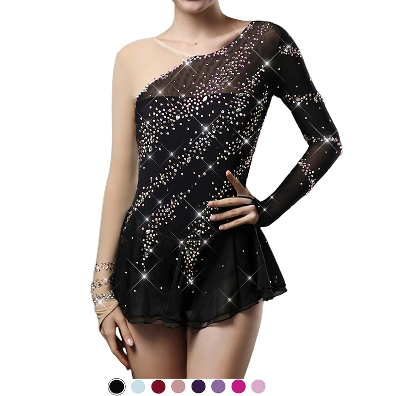 Figure Skating Dress Women's Girls' Ice Skating Dress Light Yellow Yan pink Black Patchwork Mesh Spandex High Elasticity Training Competition Skating Wear Handmade Crystal / Rhinestone Long Sleeve