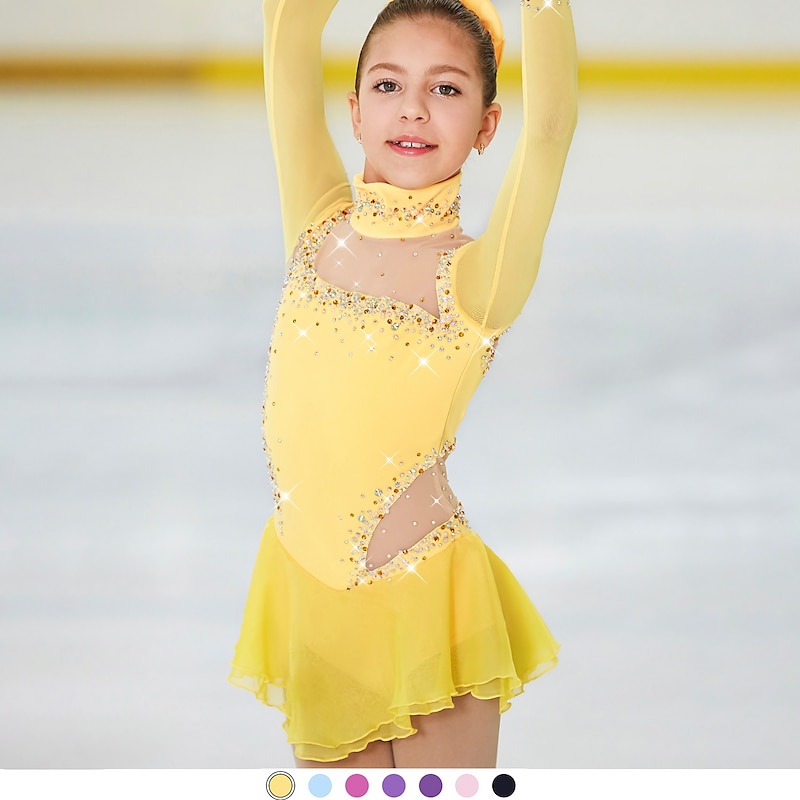 Figure Skating Dress Women's Girls' Ice Skating Dress Outfits Violet White Black Spandex High Elasticity Competition Skating Wear Warm Handmade Jeweled Rhinestone Long Sleeve Ice Skating Figure