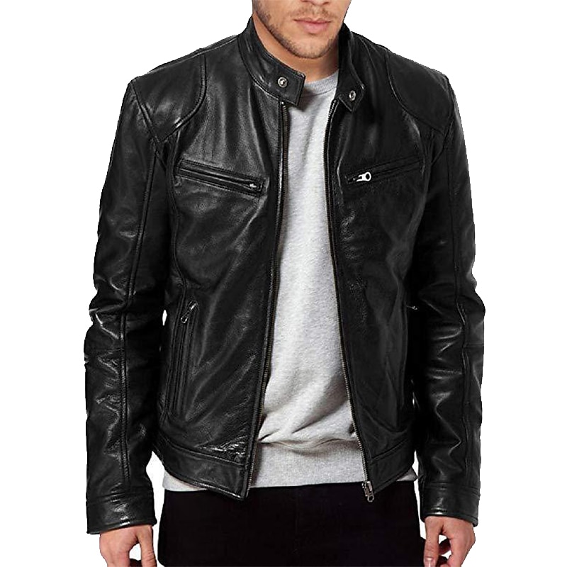 Men's Faux Leather Jacket Transition Jacket Biker Jacket Street Casual Thermal Warm Windproof Zipper Spring Fall Solid Color Pocket Vintage Fashion Stand Collar Regular Faux Leather Slim Fit Silver2