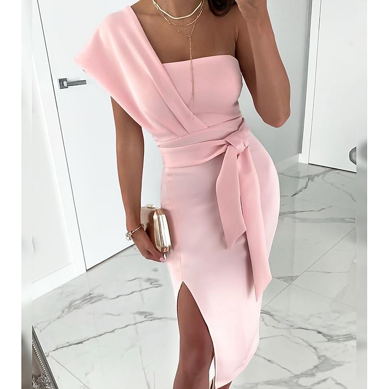 Sheath Cocktail Dresses Elegant Dress Wedding Guest Prom Tea Length Sleeveless One Shoulder Stretch Fabric with Slit Pure Color Strappy Dresses