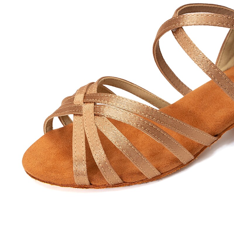 Women's Bronze Satin Latin Dance Shoes with Soft Suede Sole - Strappy Open Toe Low Heel Ballroom Sandals with Ankle Buckle for Salsa and Tango4