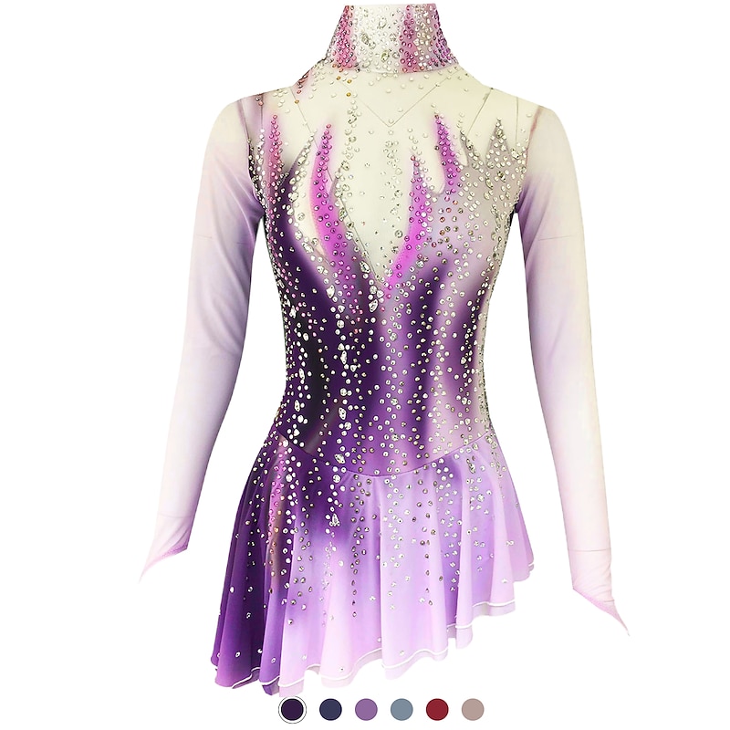 Figure Skating Dress Women's Girls' Ice Skating Dress Outfits White Dark Purple Dusty Rose Open Back Spandex Micro-elastic Training Skating Wear Handmade Classic Crystal / Rhinestone Long Sleeve Ice