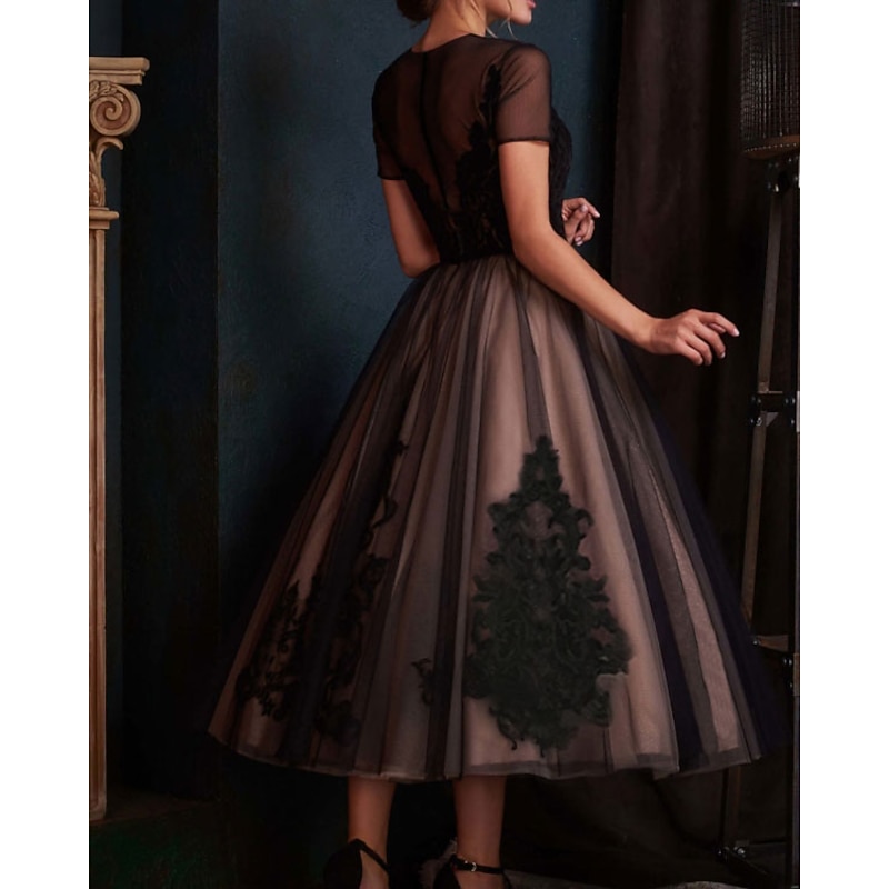 A-Line Evening Gown Elegant Dress Wedding Guest  Ankle Length Short Sleeve Illusion Neck Lace with Pleats Embroidery2