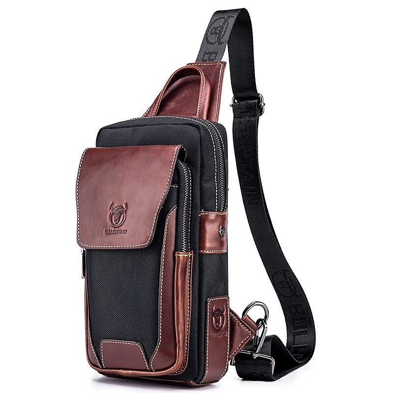 Men's Premium Cowhide Leather and Nylon Crossbody Sling Bag - Multi-Pocket Design with Adjustable Strap for Travel and Daily Use
