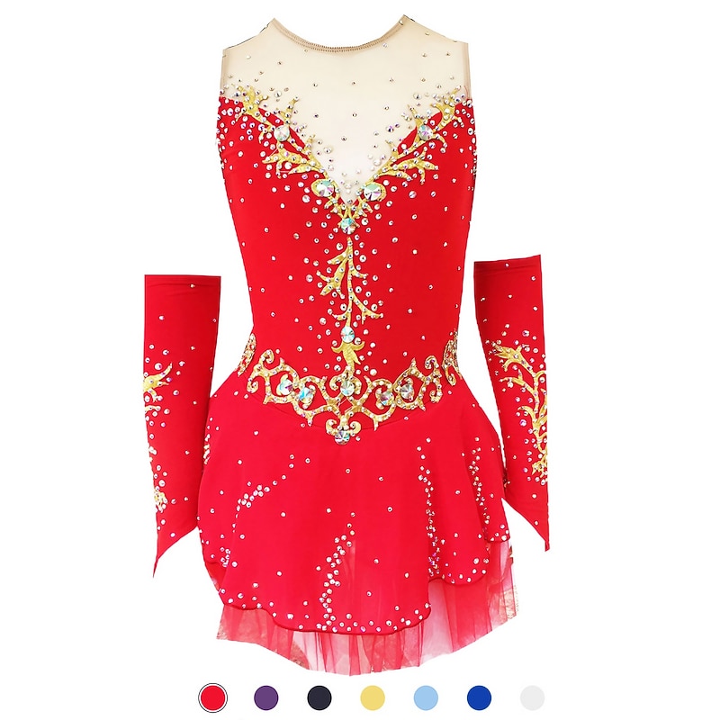 Figure Skating Dress Women's Girls' Ice Skating Dress Outfits White / White Yellow & Yellow Dark Purple Open Back Mesh Spandex Training Competition Skating Wear Handmade Crystal / Rhinestone Ice