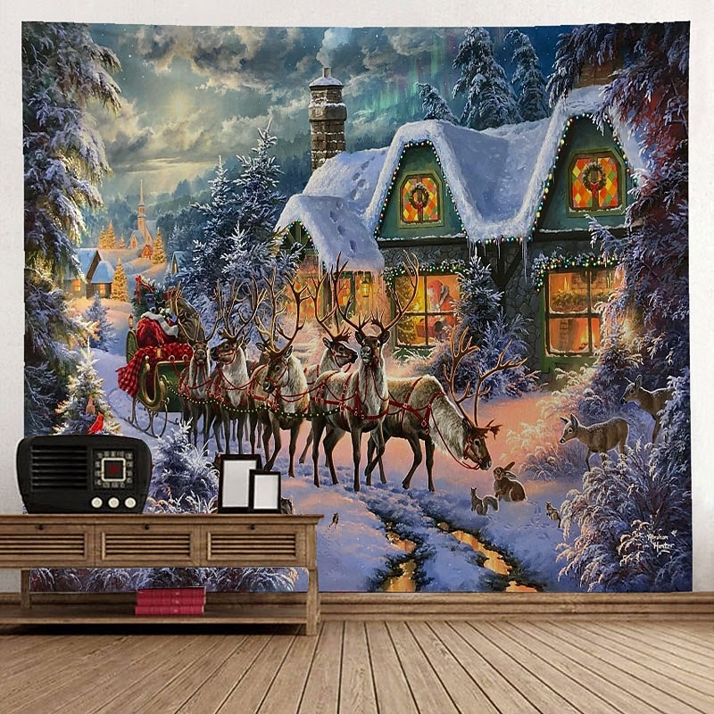 Wall Tapestry Winter Wonderland Reindeer Art Decor Photography Background Hanging Bedroom Living Room Decoration Tree Snowflake Candle Gift Fireplace3