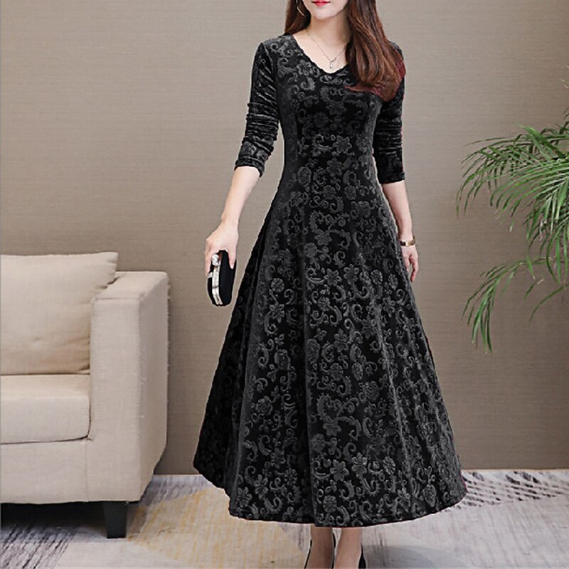 Women's Midi Dress Velvet Dress Party Dress Swing Dress Emerald Green Dress Elegant Fashion Romantic Winter Dress Vacation Wedding Guest Slim Floral Long Sleeve V Neck Black Red Green Spring Fall4