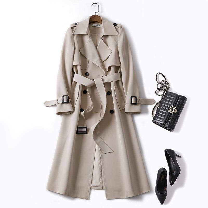Women's Trench Coat Fall Double Breasted Lapel Long Coat with Belt Winter Warm Windproof Jacket with Pockets Maillard Black Blue Camel Beige Daily S M L XL XXL 3XL3